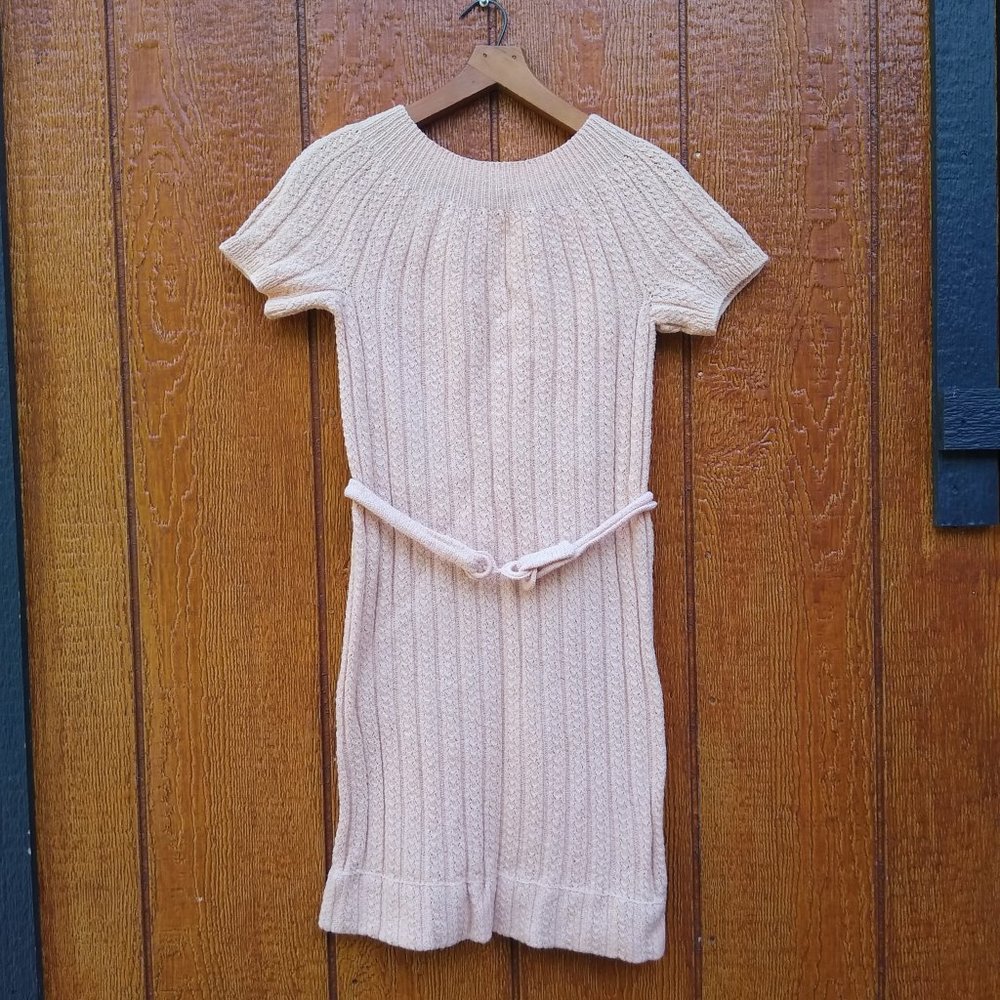 Vintage 1950's Hand Knit Baby Pink Mauve Soft Grandma Pearl Crochet Belted Dress